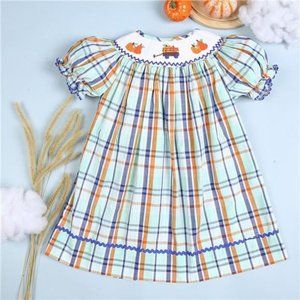 New Pumpkin and Wagon Fall Hand Smocked Girl's Bishop Dress